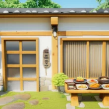 Exterior-of-a-traditional-Korean-restaurant-hidden-in-the-green-Jeju-countryside-with-food-on-a-table-outside.