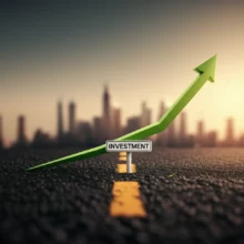 Cute-3D-rendering-of-a-small-road-plot-with-a-rising-investment-graph-over-a-city-skyline.