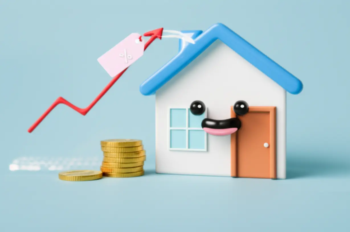 3D-illustration-showing-a-house,-a-price-tag-over-1.2-billion-KRW,-and-a-graph-representing-tax-deduction.