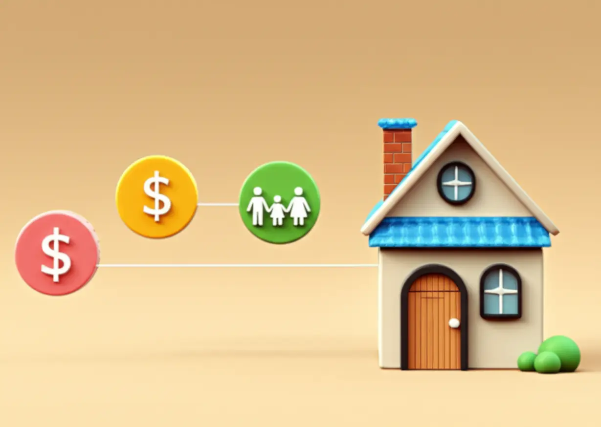 주택-옆에-가족과-돈-아이콘이-있는-귀여운-3D-이미지.-전세퇴거자금대출의-조건-중-집과-가족-소득을-상징합니다.