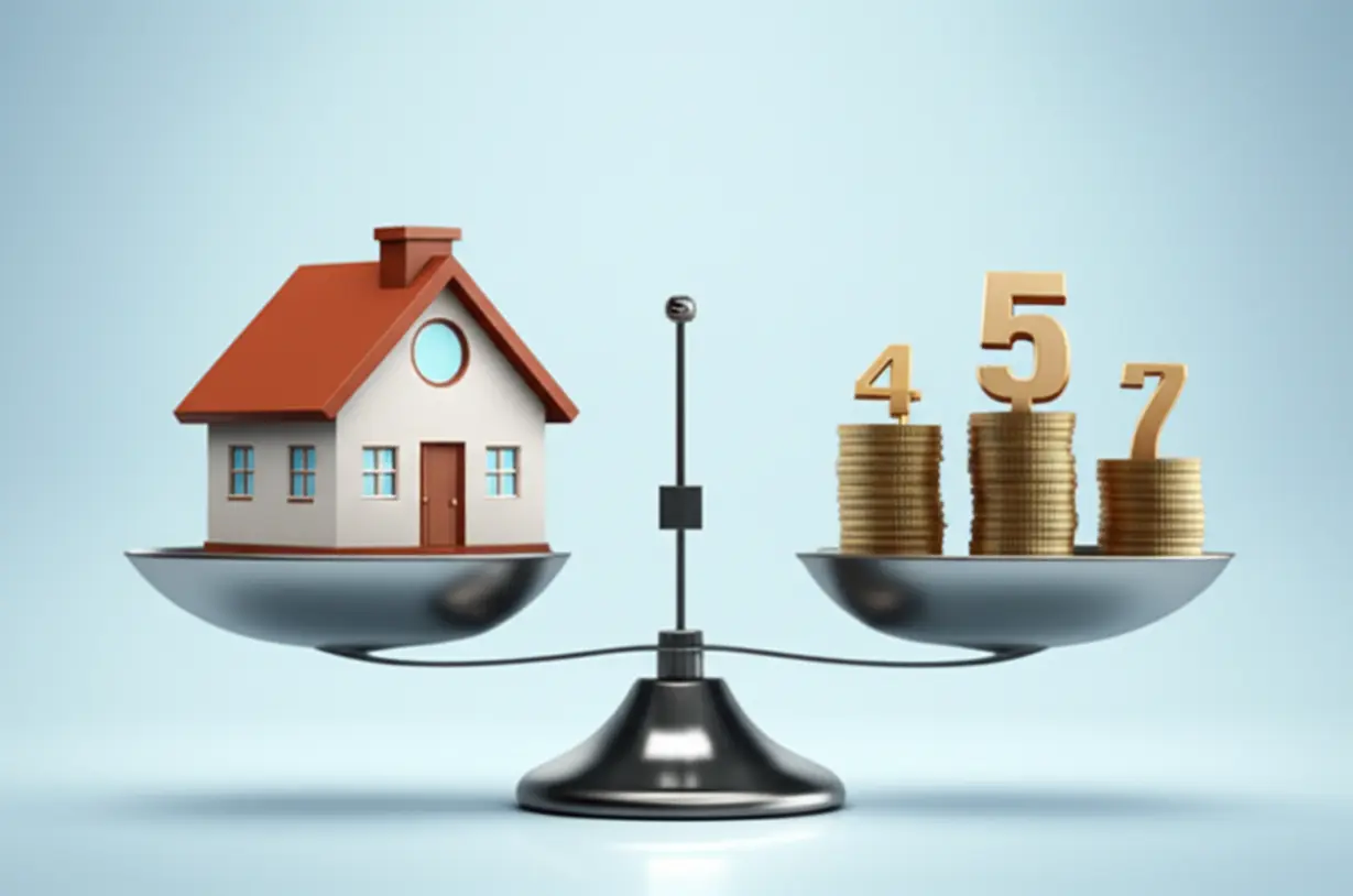 주택-옆에-저울이-있고-숫자로-대출-한도를-나타내는-3D-이미지.-전세퇴거자금대출-가능-금액-계산을-상징합니다.