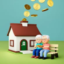 An-elderly-couple-happily-receiving-coins-from-their-house's-chimney,-symbolizing-financial-security-from-housing-pension.