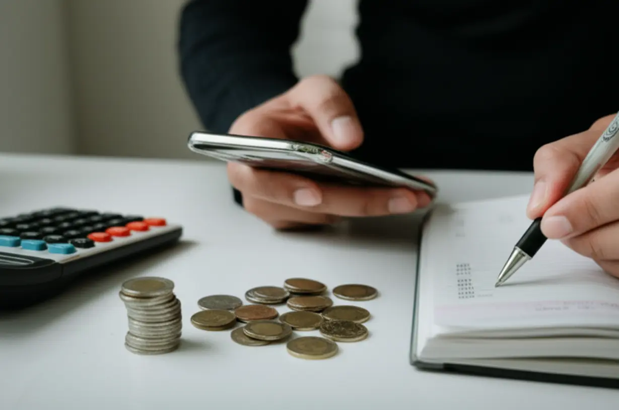 Hands-using-a-budgeting-app-on-a-smartphone-or-writing-in-a-ledger,-representing-the-act-of-managing-money.