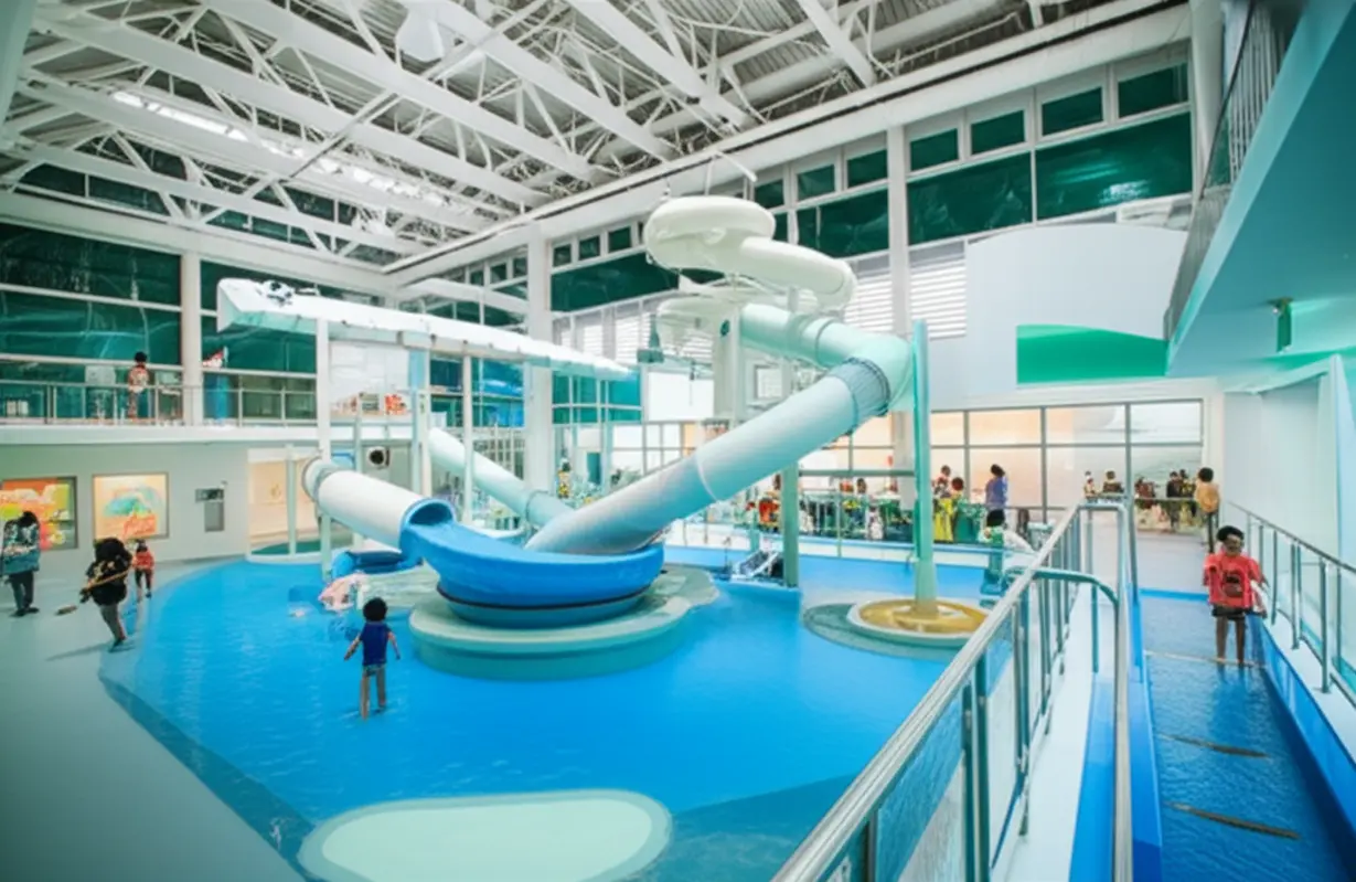 Children-playing-on-a-large-indoor-slide-and-water-activities.
