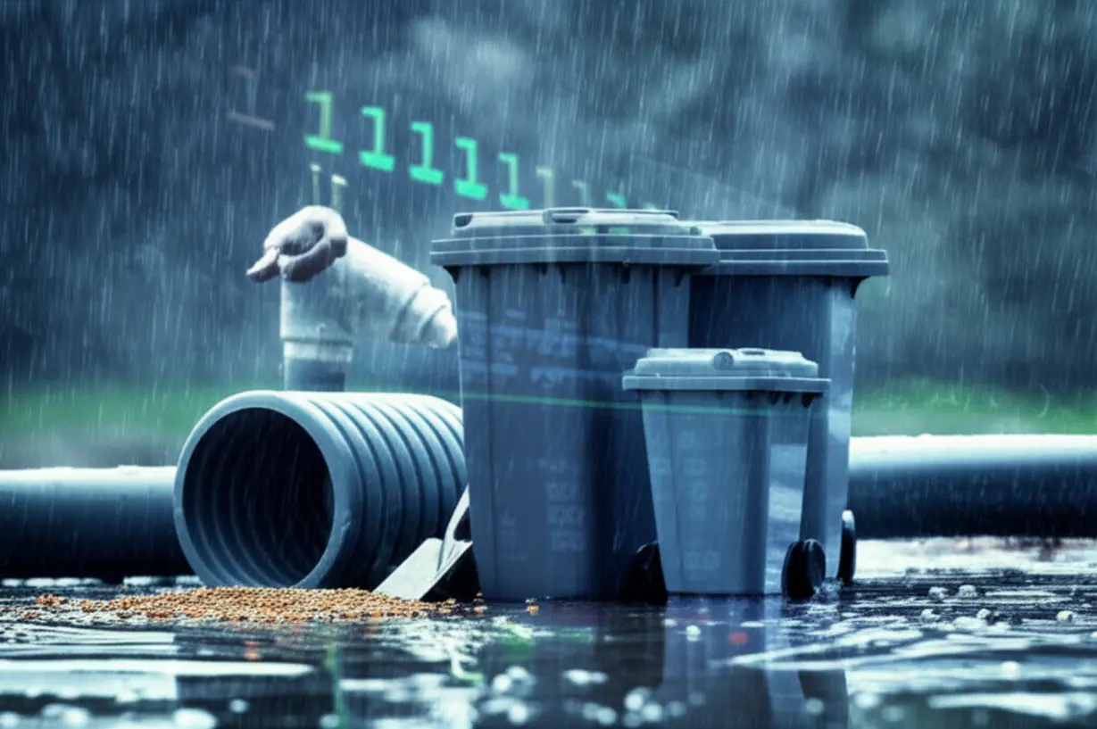 A-collage-of-images-representing-agriculture,-waste-management,-and-water-infrastructure,-visually-linked-to-stock-market-data-during-heavy-rain.