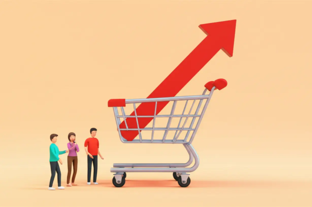 Cute-3D-illustration-showing-rising-prices-on-goods-in-a-shopping-basket,-with-people-looking-concerned,-representing-inflation-and-the-decrease-in-real-income.