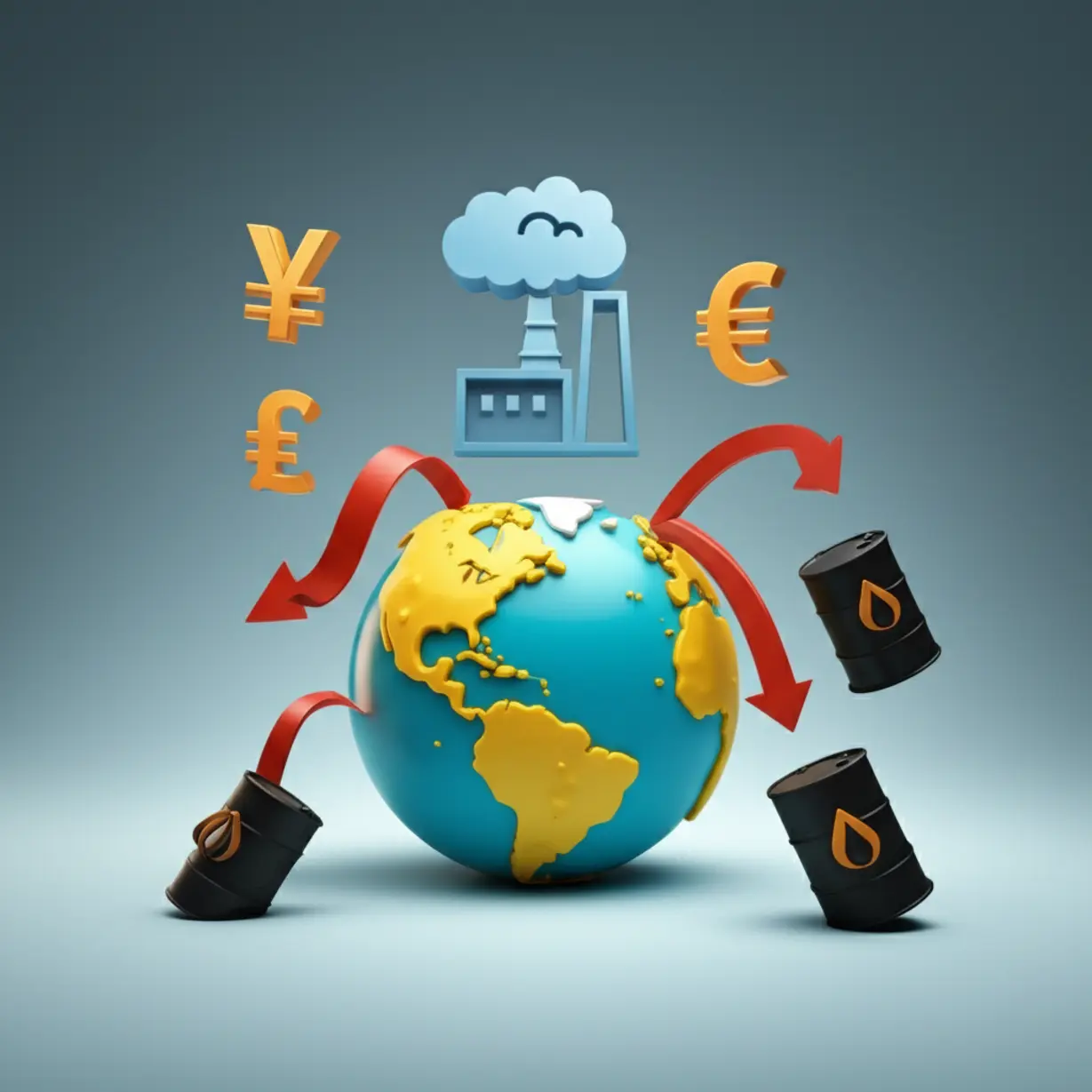 Cute-3D-illustration-showing-falling-prices-of-oil-and-currency-symbols-affecting-an-energy-company-icon.