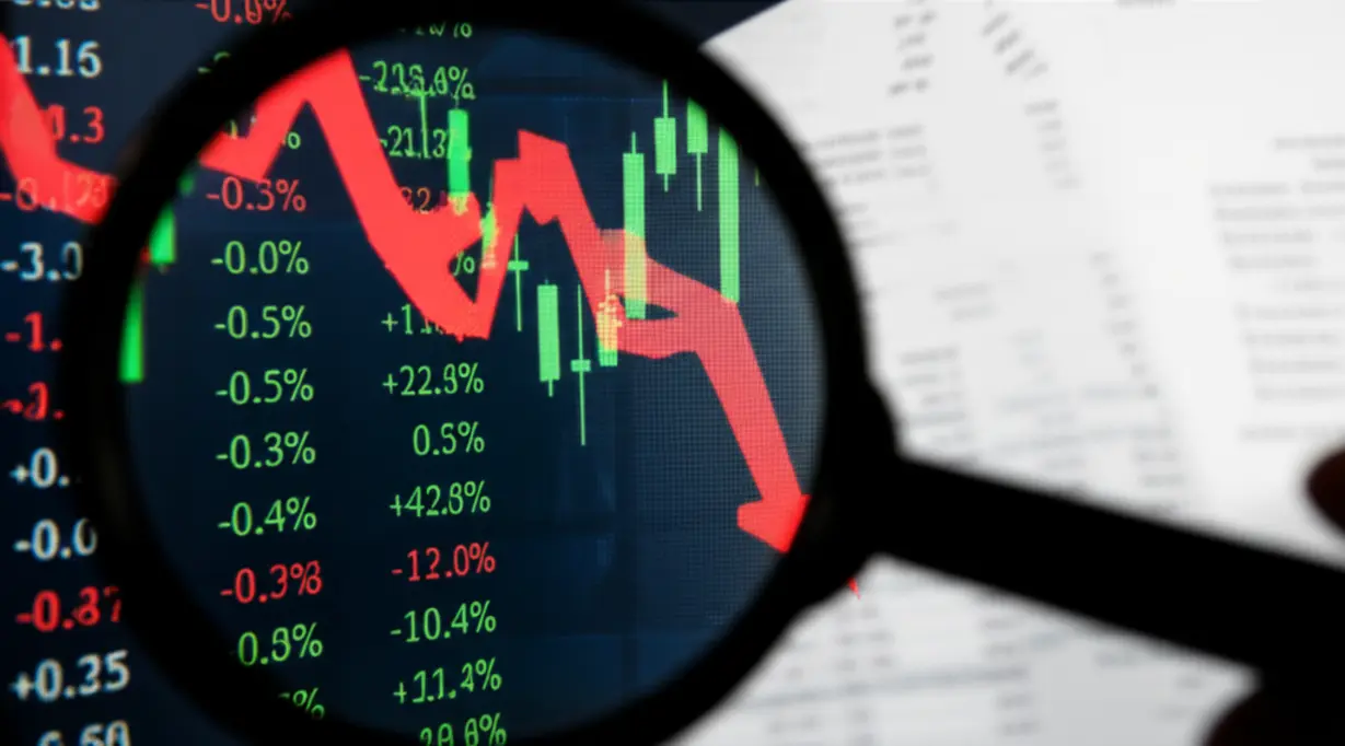 Stock-market-chart-with-a-sharp-decline-and-magnifying-glass
