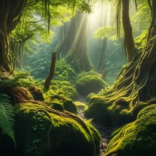 제주-곶자왈-숲의-신비로운-모습.-푸른-나무와-이끼-낀-바위가-어우러진-제주-자연-풍경.-환상숲-곶자왈을-표현한-귀여운-3D-이미지.