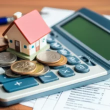 A-cute-3D-miniature-house-sits-on-a-calculator-screen,-surrounded-by-coins-and-tax-forms,-symbolizing-the-Comprehensive-Real-Estate-Tax.