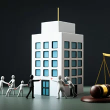 콜마홀딩스-가족-경영권-분쟁을-상징하는-귀여운-3D-이미지.-회사-건물과-법적-다툼을-나타내는-저울,-추상적인-가족-형태.