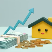 3D-render-of-Korean-money,-a-house,-and-growth-charts