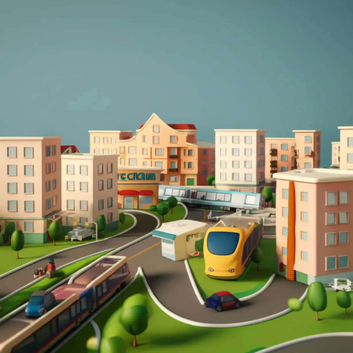 Cute-3D-illustration-showing-new-infrastructure-and-commercial-buildings-near-apartments.