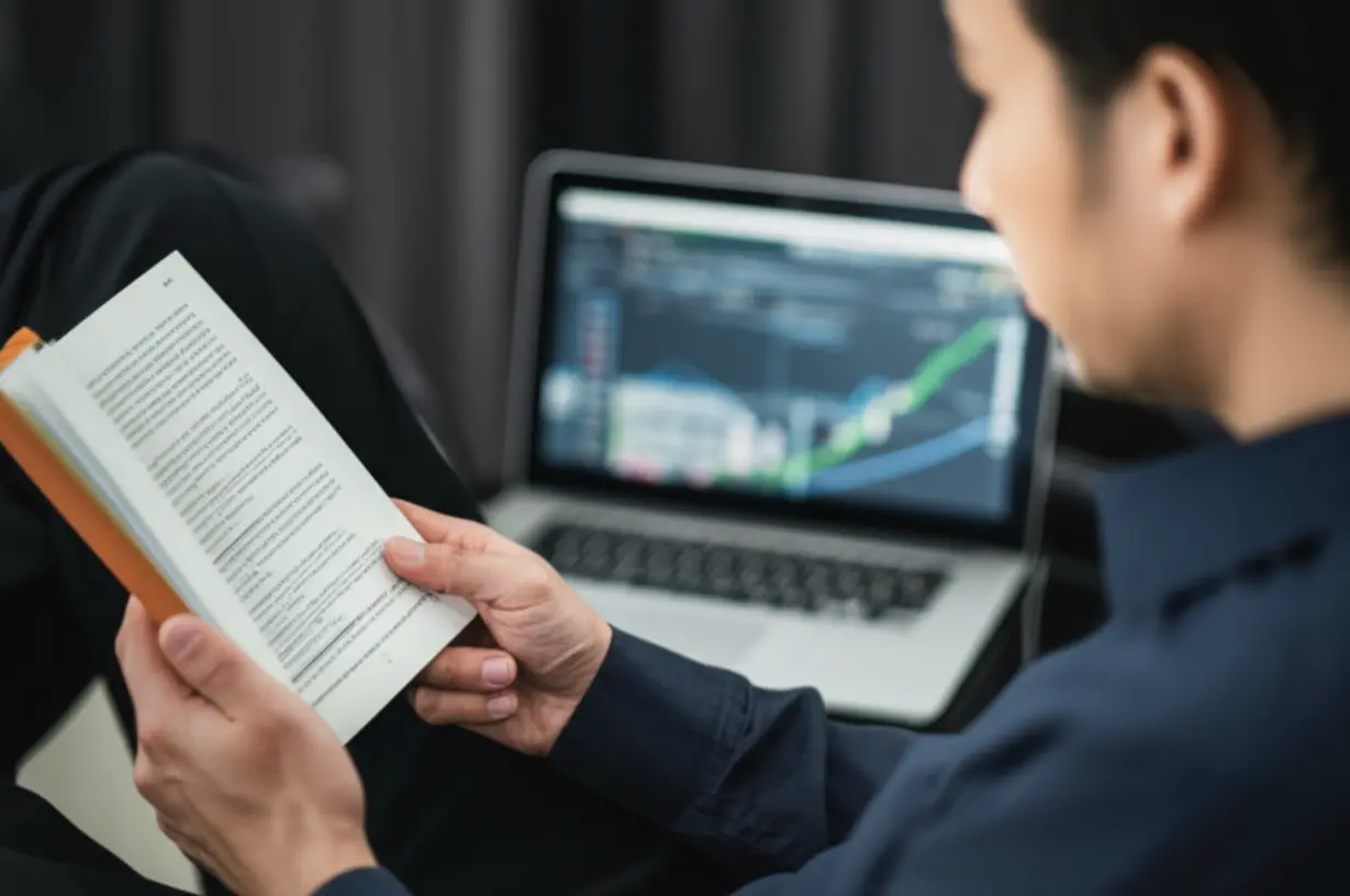 A-person-reading-a-book-on-finance-or-watching-a-financial-video,-symbolizing-continuous-learning-and-a-positive-attitude-towards-wealth.