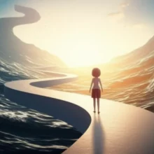 A-stylized-3D-female-figure-on-a-path-changing-from-stormy-to-sunny,-symbolizing-overcoming-challenges.