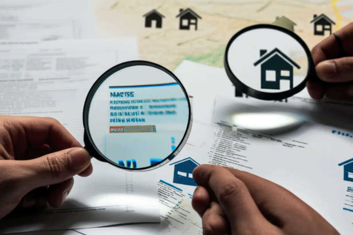 Hands-holding-magnifying-glasses-looking-at-real-estate-listings,-symbolizing-the-scarcity-of-rental-properties.