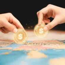 South-Korea-map-with-hands-exchanging-digital-money,-representing-economic-support-fund-distribution.