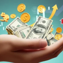 Cute-3D-illustration-showing-money-being-distributed,-with-symbols-of-rising-stock-markets,-real-estate,-and-inflation-in-the-background,-depicting-the-economic-effects-of-support-payments.