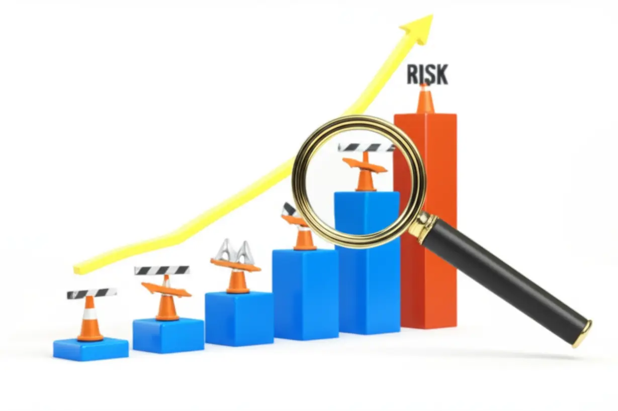 Cute-3D-rising-graph-line-with-small-obstacles,-symbolizing-the-long-term-growth-path-and-risks-of-defense-investments.