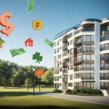 Cute-3D-rendering-of-a-modern-apartment-building-near-a-park,-with-symbols-for-money,-house,-and-luck.
