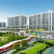 A-modern-building-complex-blending-with-a-park-and-stream,-representing-urban-development-and-natural-harmony.