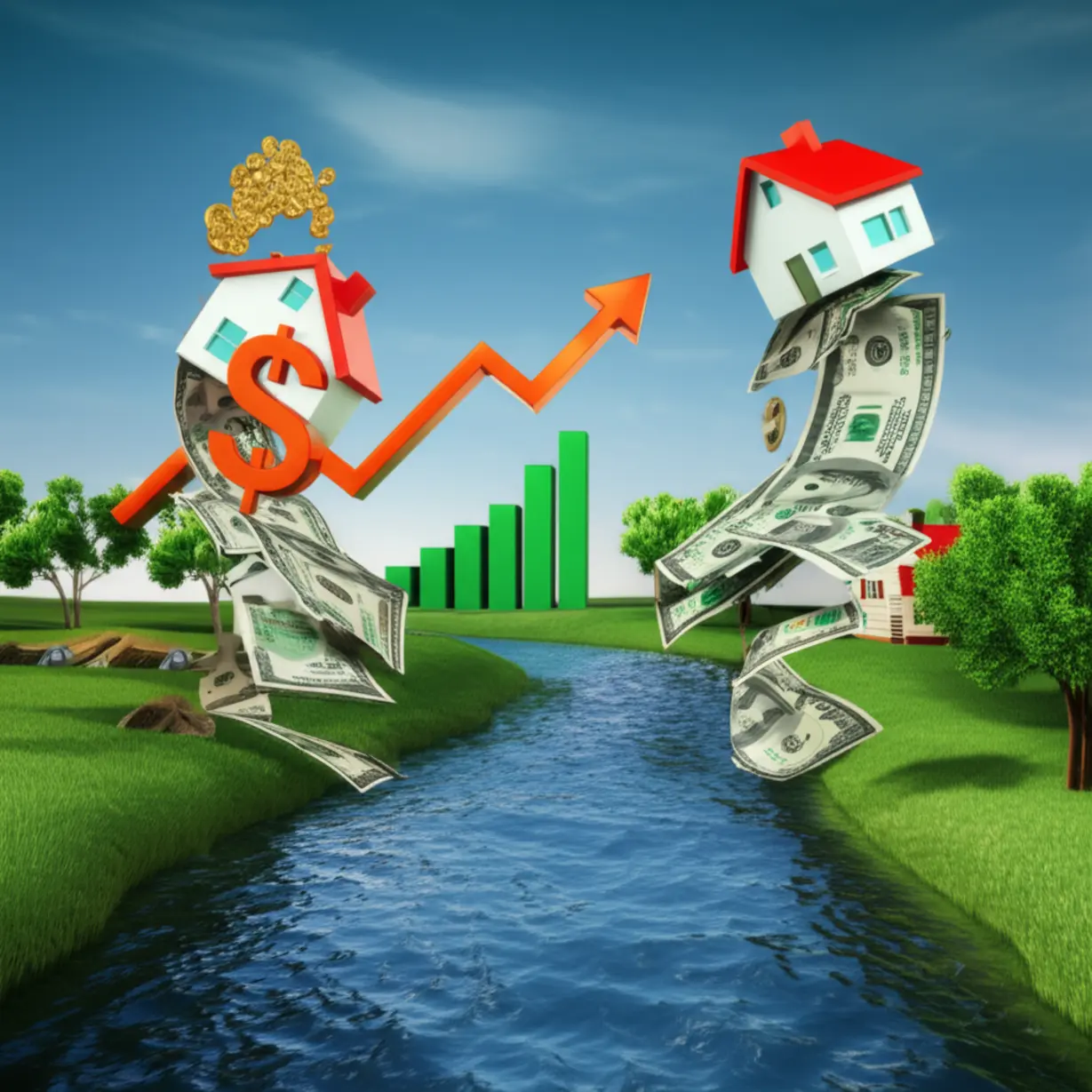 Cute-3D-illustration-of-money-flowing-into-symbols-representing-the-stock-market-(rising-graph)-and-real-estate-(house),-indicating-how-increased-liquidity-affects-asset-prices.