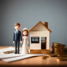 행복해-보이는-신혼부부가-집-앞에-서-있는-귀여운-3D-이미지.-주택-대출-상품을-상징하는-문서나-동전-요소가-포함됨.