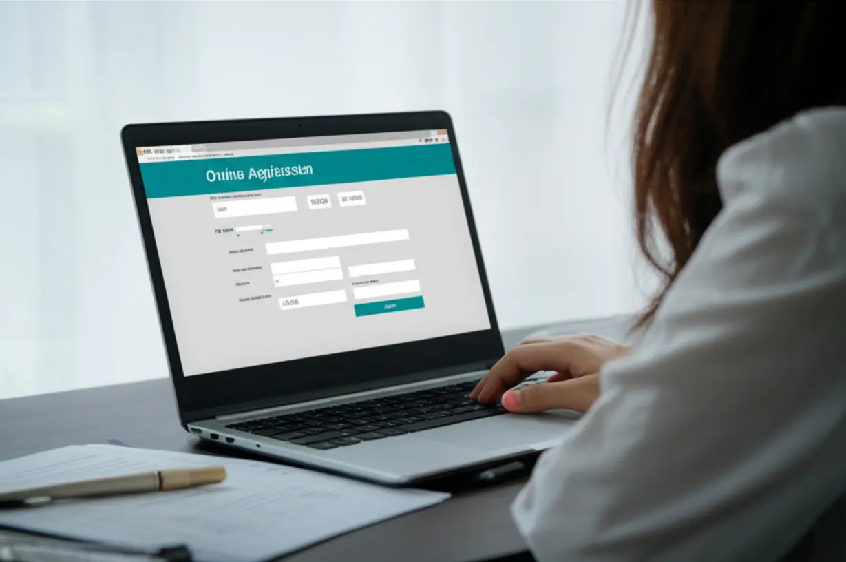 Person-using-a-laptop-to-complete-an-online-application-form,-with-documents-on-the-desk.