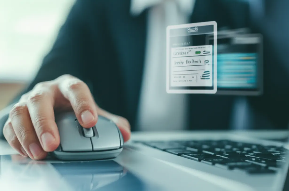 Hand-using-a-mouse-pointing-at-a-computer-screen-showing-an-abstract-representation-of-an-online-tax-reporting-interface.