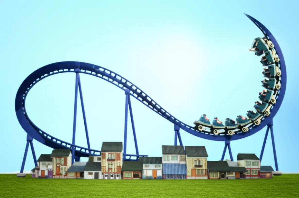 급등-후-하락하는-롤러코스터-그래프와-작은-한국-주택들이-있는-귀여운-3D-이미지