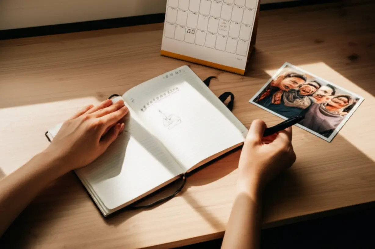 A-person-making-plans-for-their-day,-with-a-photo-showing-close-friends,-symbolizing-self-direction-and-deep-connections.