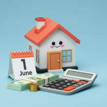Small-3D-house-with-calendar,-calculator,-and-money,-representing-property-tax.