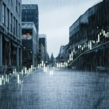 Heavy-rain-pours-down-on-a-city-street,-symbolizing-the-rainy-season's-impact-on-daily-life-and-the-economy,-with-a-subtle-financial-graphic-overlay.