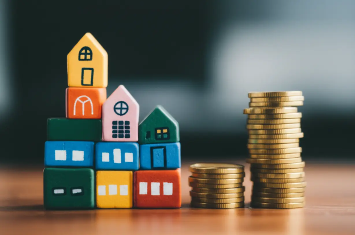 집-모양-블록-옆에-동전이-쌓여-있는-이미지.-부동산-재테크-성공으로-자산이-늘어나는-것을-상징합니다.