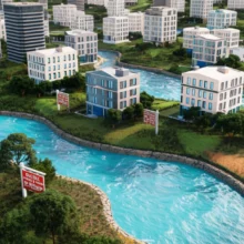Cute-3D-rendering-of-a-divided-city-landscape,-showing-areas-with-plenty-of-water-and-greenery-next-to-dry,-cracked-areas-with-empty-rental-signs.