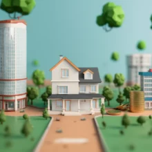 Illustration-of-a-house-splitting-into-two-paths,-one-leading-to-a-new-building-and-the-other-to-coins,-representing-redevelopment-choices.