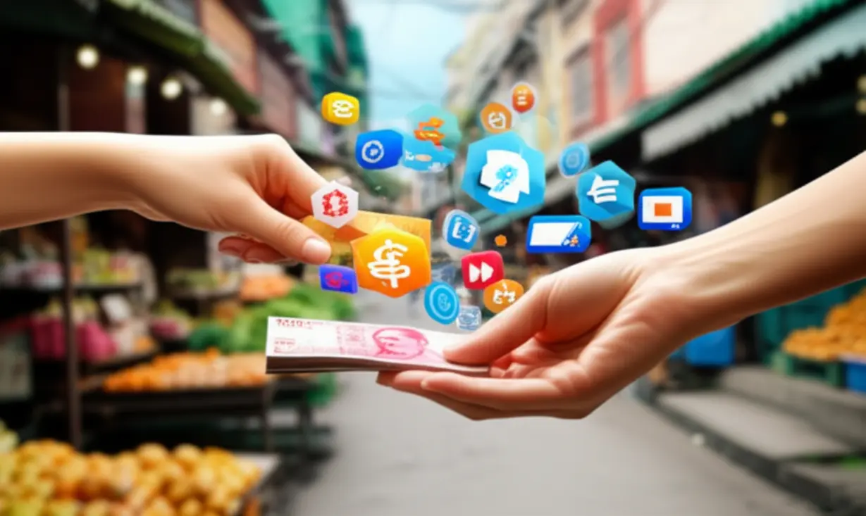 Hands-using-regional-digital-currency-near-shops,-symbolizing-local-economy-boost.
