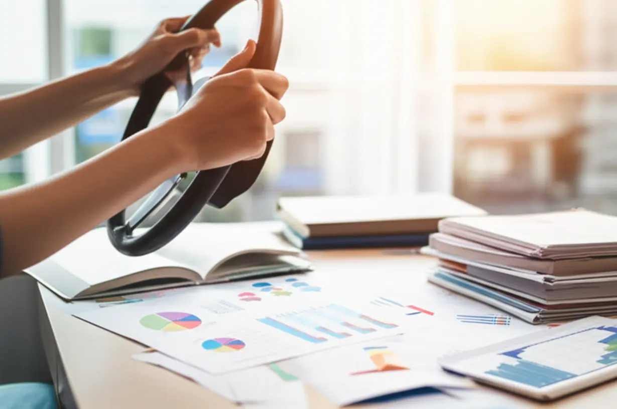 책임감을-상징하는-운전대와-금융-서적,-차트가-있는-테이블.-돈에-대한-책임감과-공부를-상징하는-이미지.