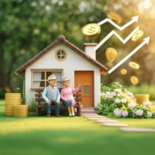 포근한-집-앞에서-안정된-노후-생활을-상징하는-금융-요소와-함께-행복한-노부부가-앉아있는-모습