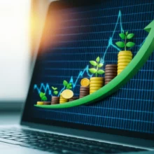 Cute-3D-rendering-of-a-rising-stock-market-chart-on-a-screen-with-financial-symbols.