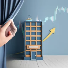 Cute-3D-rendering-of-a-company-building-with-rising-stock-charts-and-a-hand-symbolizing-privatization,-representing-Sajo-Oyang's-stock-and-delisting-possibility.