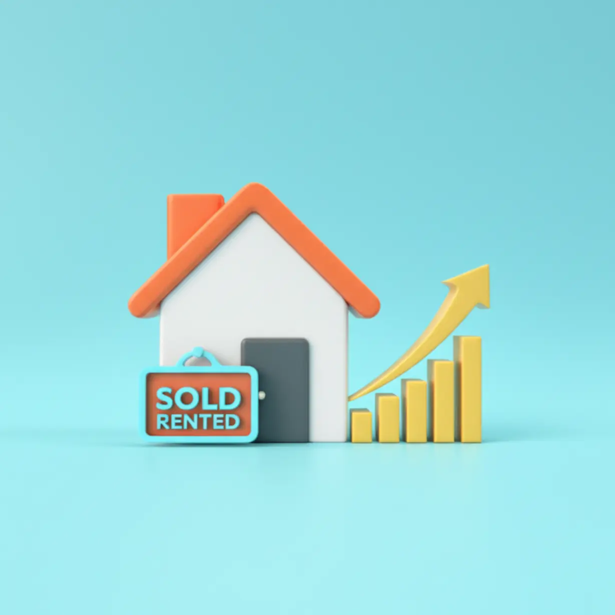 집을-팔거나-세를-줄-때-얻는-이점을-나타내는-귀여운-3D-일러스트.-거래-완료된-집-아이콘과-시세를-나타내는-그래프-아이콘이-함께-있습니다.