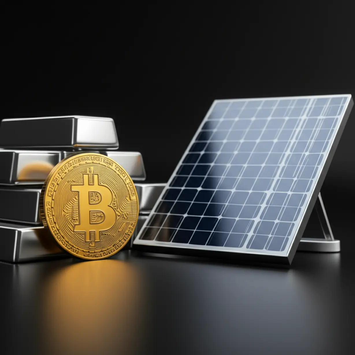 Cute-3D-image-showing-Bitcoin-with-silver-bars-and-a-solar-panel.