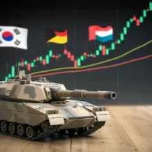 Cute-3D-K2-tank-next-to-a-rising-stock-market-chart-representing-South-Korean-defense-sector-growth-influenced-by-international-conflict.