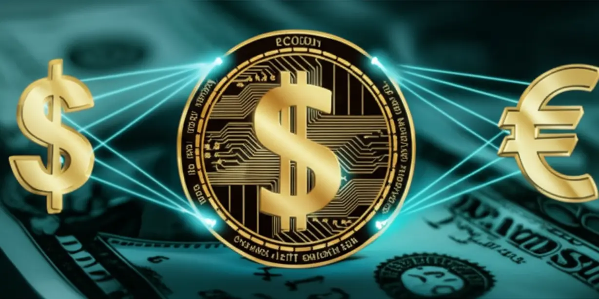 실물-화폐에-연결되어-안정성을-상징하는-디지털-코인-이미지