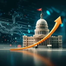 3D-illustration-of-a-rising-stock-chart-near-a-government-building-and-tech-symbols,-depicting-market-response-to-a-policy-change.