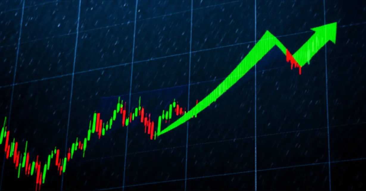 A-stock-market-chart-showing-an-upward-trend,-overlaid-against-a-background-of-rain,-illustrating-the-potential-for-investment-gains-in-weather-affected-sectors.