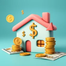 Cute-3D-illustration-of-financial-concepts,-charts,-money,-and-a-house-symbol.