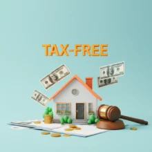 A-3D-illustration-showing-a-house,-money-symbols,-and-documents-with-a-'tax-free'-sign.