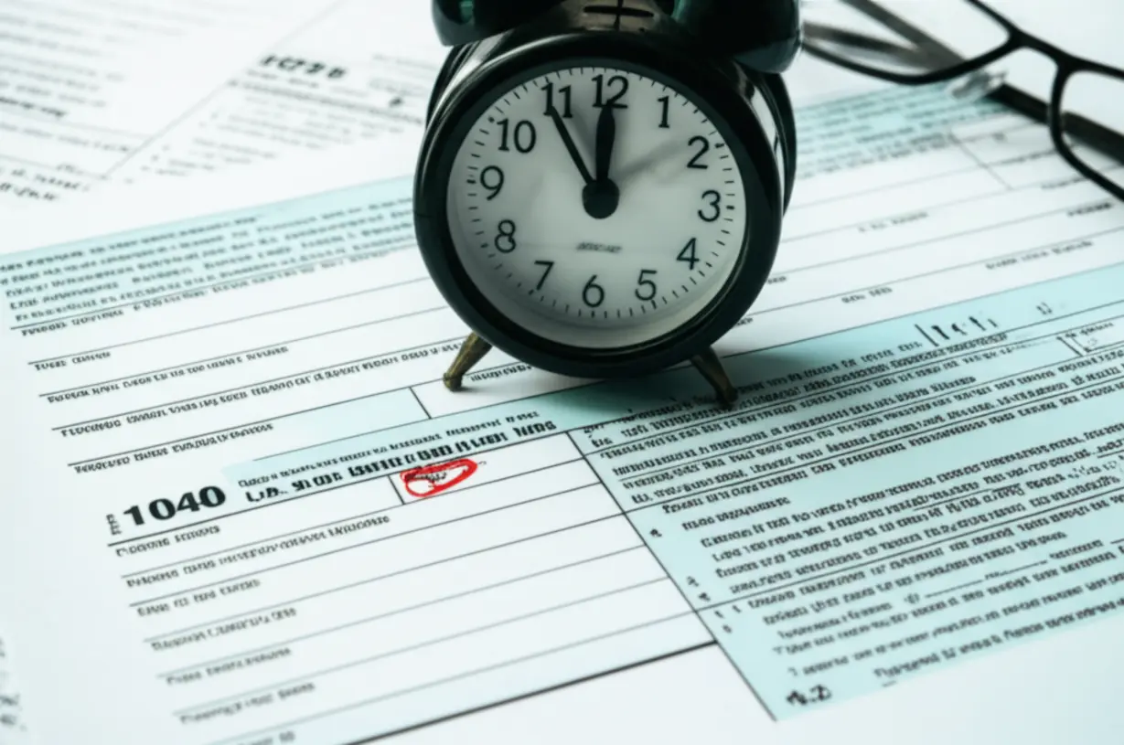 A-calendar-page-with-the-10th-circled,-a-clock,-and-blurred-tax-documents,-symbolizing-the-importance-of-meeting-tax-filing-deadlines.